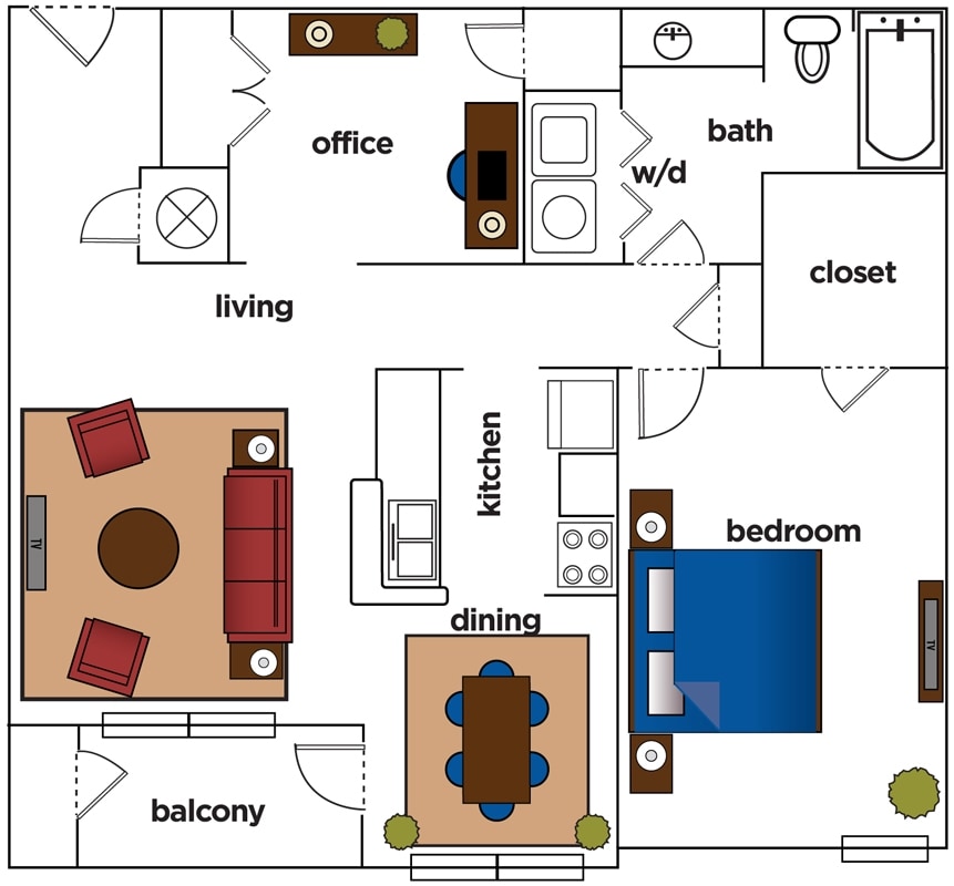 1 Bedroom 1000 sq ft - 1 Bedroom + Office H