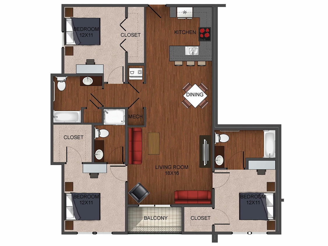 3 bedroom deluxe furnished floor plan at Township 28 - Furnished 3 Bedroom Deluxe