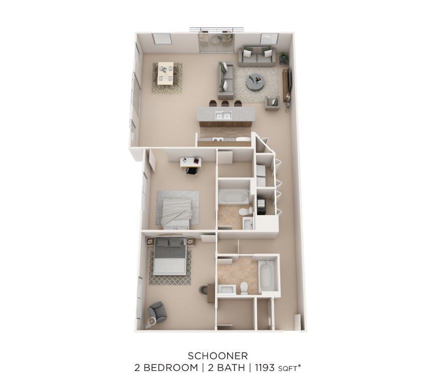 Floor Plan - Two Bedroom 2 Bath- 1193 sqft
