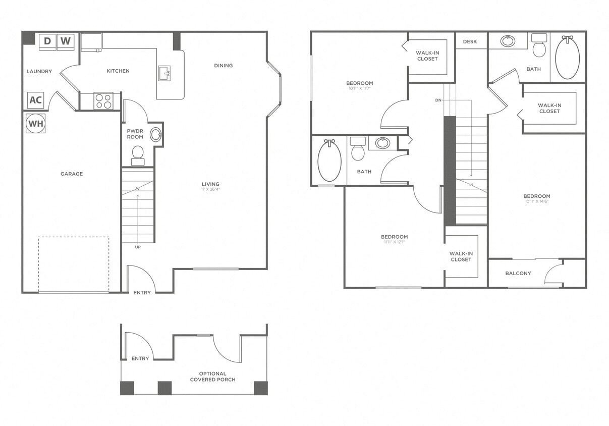 Floor Plan - Three Bedroom Two and a Half Bath (1379 SF)