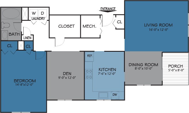 Floor Plan - The Carlisle - 1BR 1 BA Den