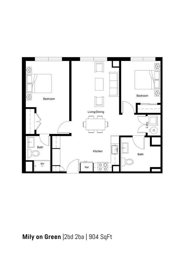Floor Plan - 2B2B-H 904sf