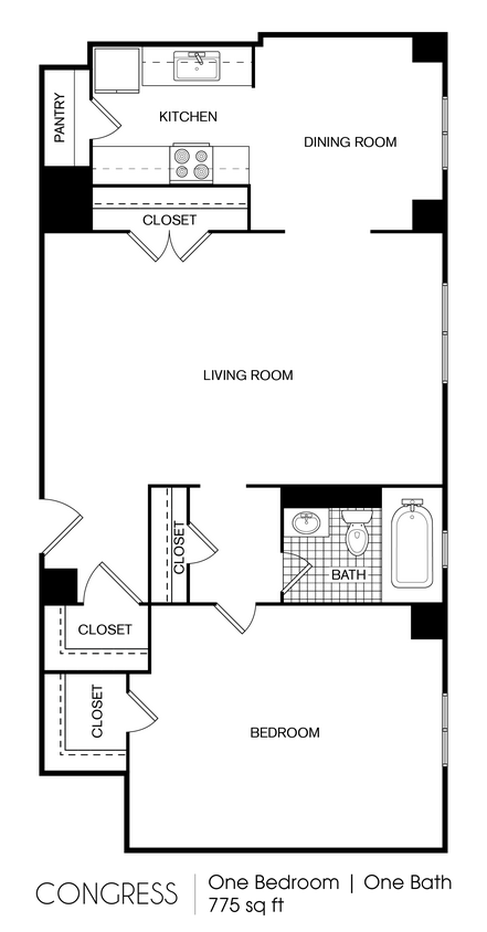 Floor Plan - Congress 1 Bedroom 1 Bath 775