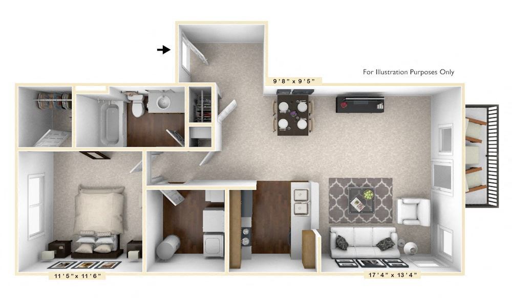Floor Plan - The Oxford 1 BR 1 BA