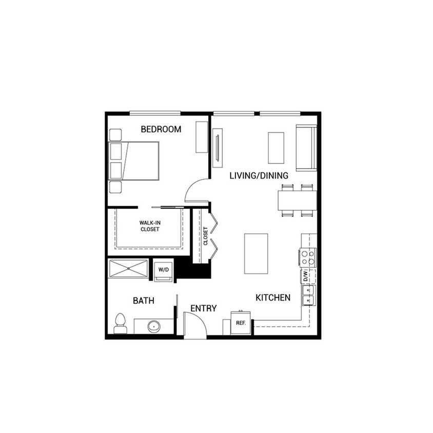 Modern floor plan showcasing one bedroom with walk-in closet, open living/dining area, efficient kitchen, and spacious bath. - A8