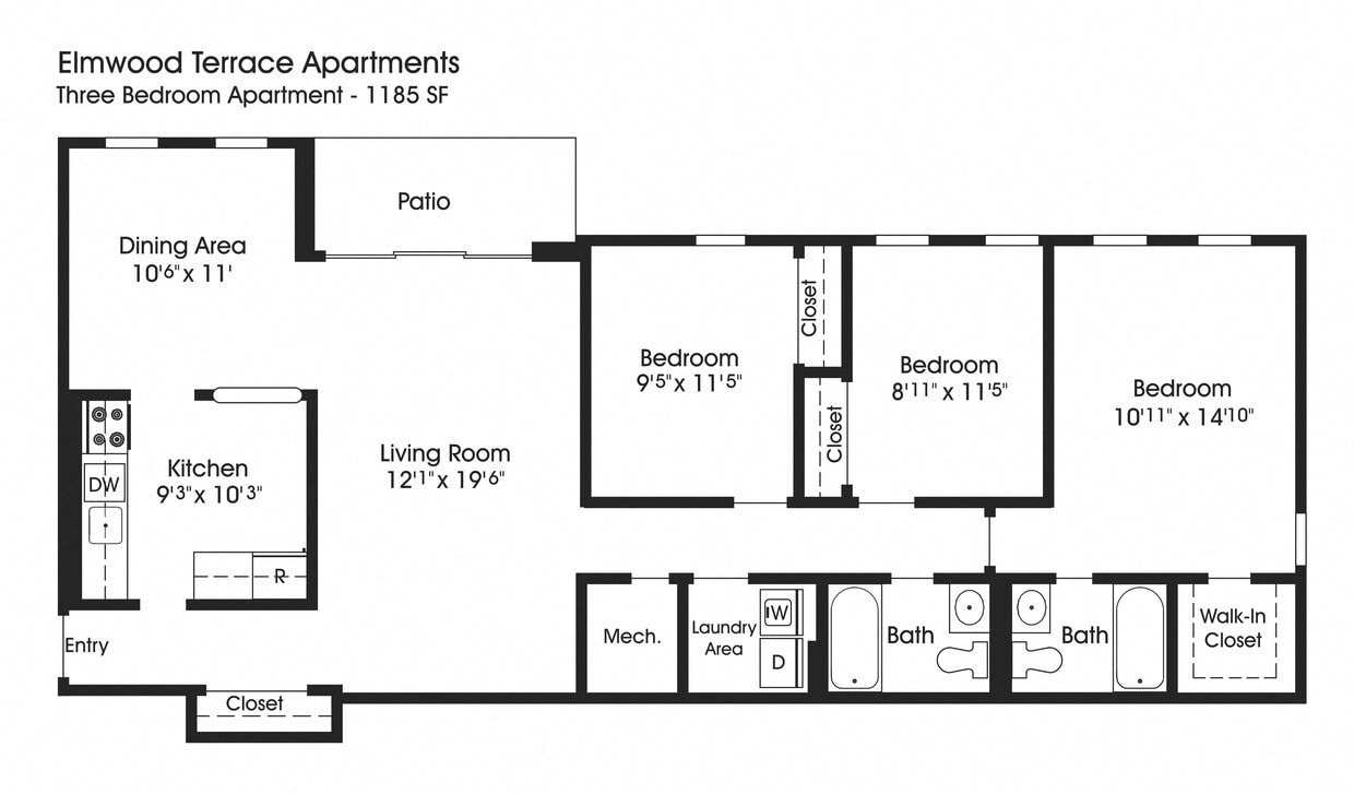 Floor Plan - 3BR 2BA (1185sf)