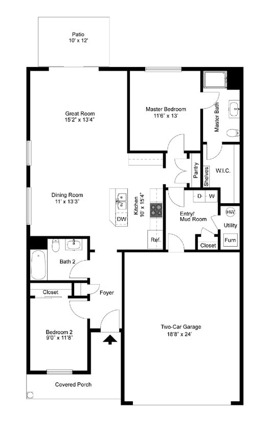 Floor Plan - 2 Bedroom Ranch - Phase III