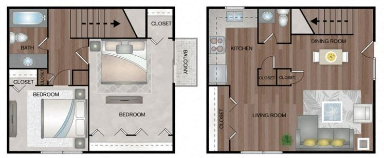 Floor Plan - Two Bedroom, One and Half Bath Townhome