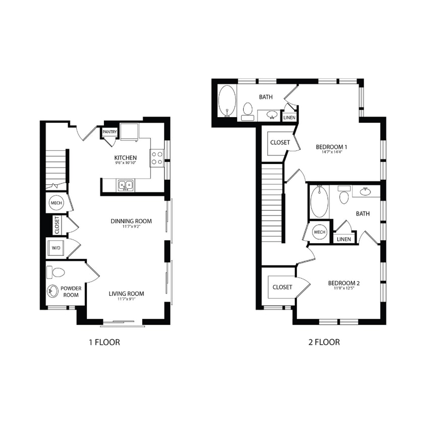 Floor Plan - 2BR/2.5BA Townhouse 1200 SF TB4B