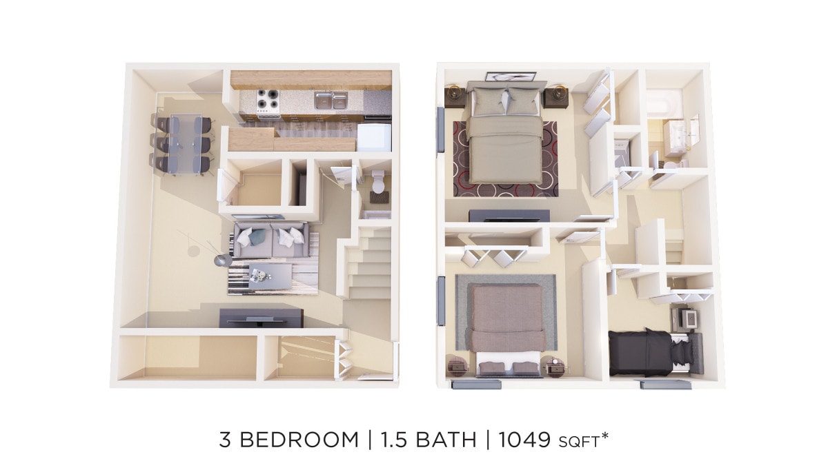 Floor Plan - Three Bedrooms 1.5 Bath Townhome - 1,049 sqft