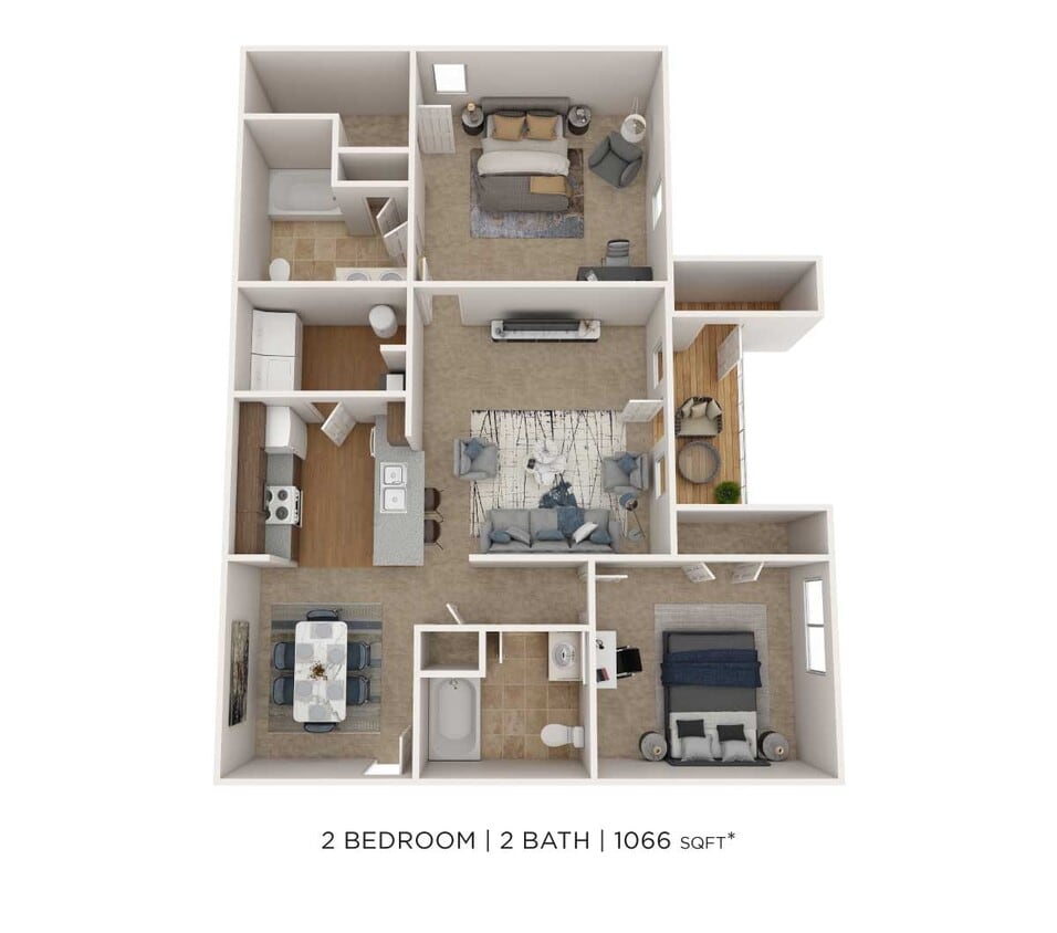 Floor Plan - Two Bedroom 2 Bath - 1,066 sqft