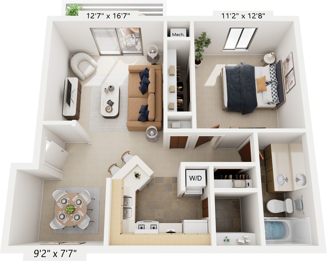 Floor Plan - One Bedroom Seville Stackable Washer/Dryer