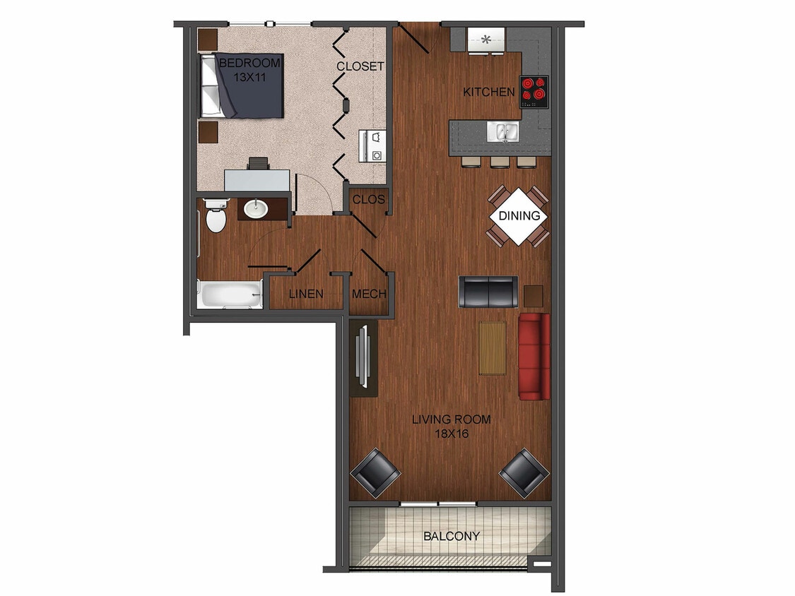 1 floor plan image of one bedroom apartment home at Township 28 - Furnished 1 Bedroom