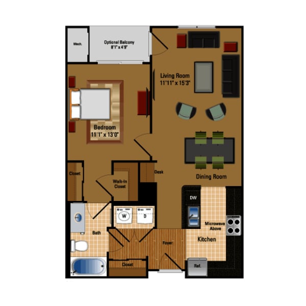 Floor Plan - 1 Bed, 1 Bath 713 SF A2