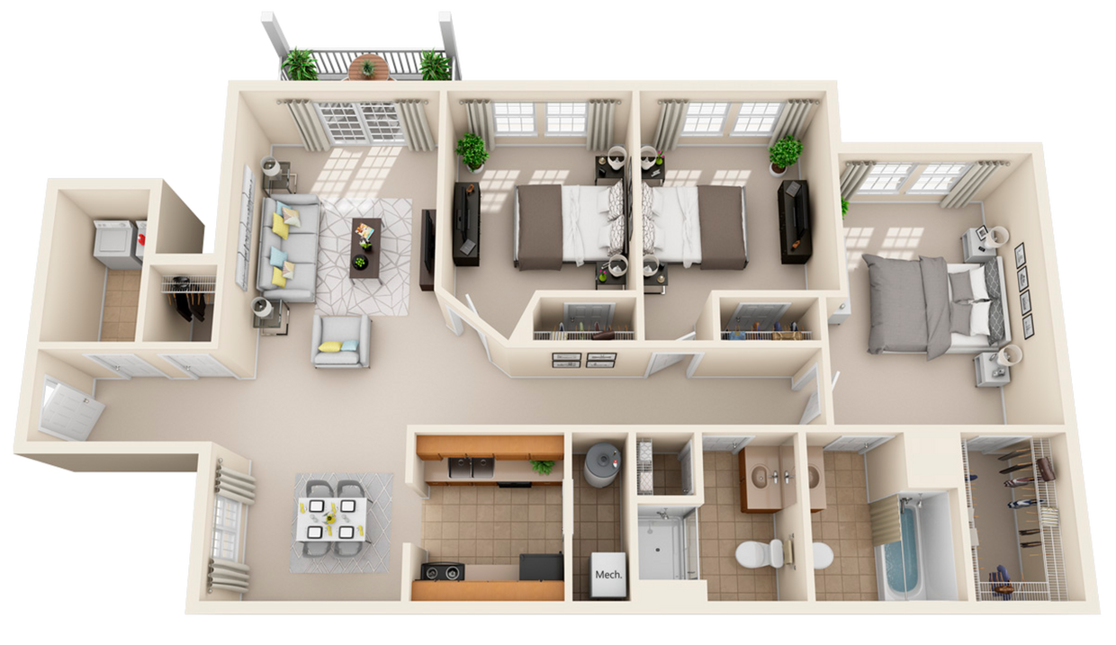 Floor Plan - 3 Bedroom 2 Baths First Floor - 1332