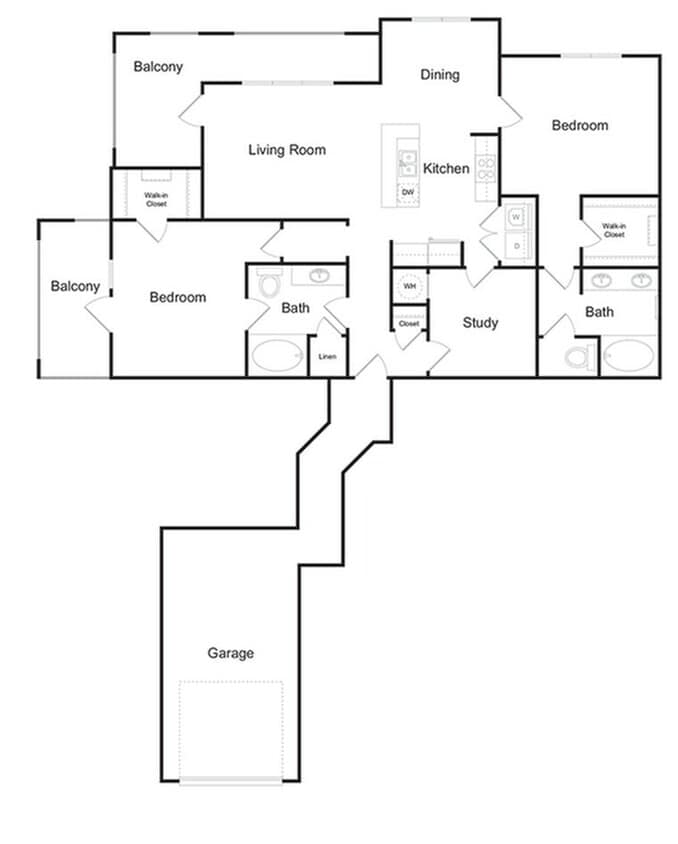 The Brookhaven 2 bedroom 2 bathroom with attached garage 1753 sq ft apartment home at The Kendrick located in Atlanta, GA 30324 - The Brookhaven