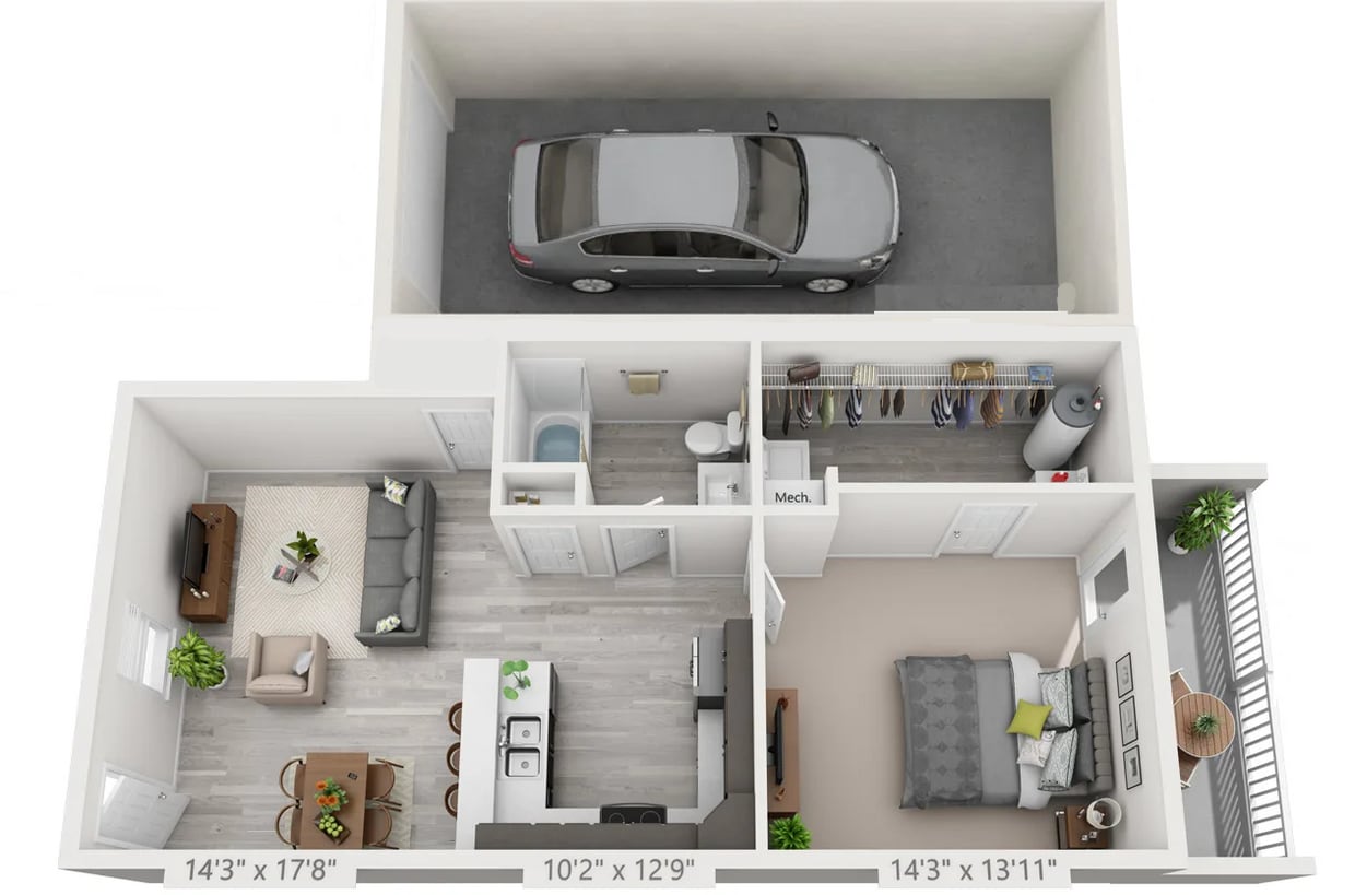 Floor Plan - 1 Bedroom with attached Garage - 680sf