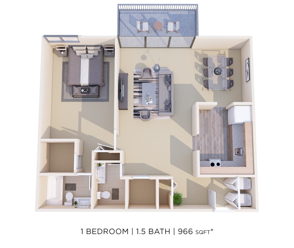 Floor Plan - One Bedroom 1.5 Bath - 966 sqft