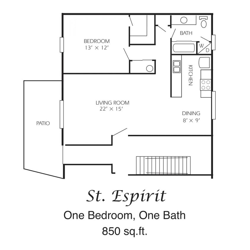 Martinique Floor Plan - St. Espirit 850 sq. ft..jpg - 1 Bed/1 Ba Up Mini W/D