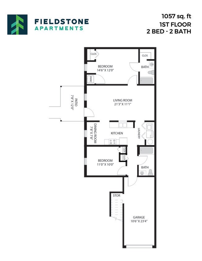 Floor Plan - 2 Bed, 2 Bath - 1,057 sq ft