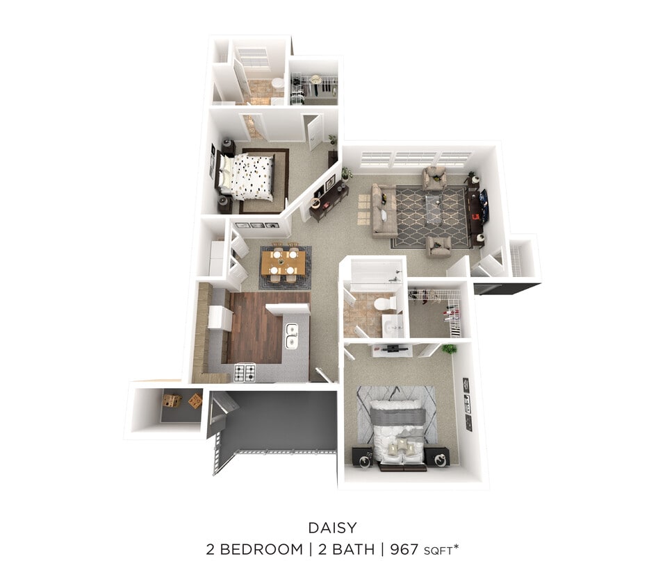 Floor Plan - Two Bedroom 2 Bath - 967 sqft