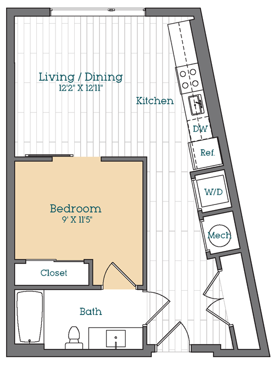 Floor Plan - 1 Bed - 1 Bath | AJ1