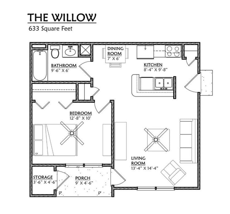 1x1 633sqft - A1 Floor Plan - Willow.jpg - A180 - 1 Bedroom, 1 Bathroom