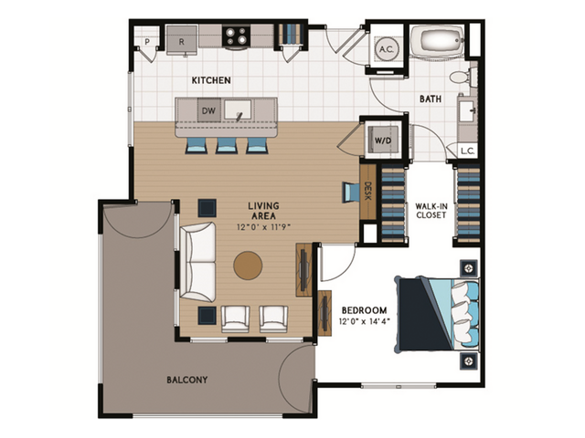 A6 Floorplan - 1 Bed, 1 Bath (80% Income Restricted)