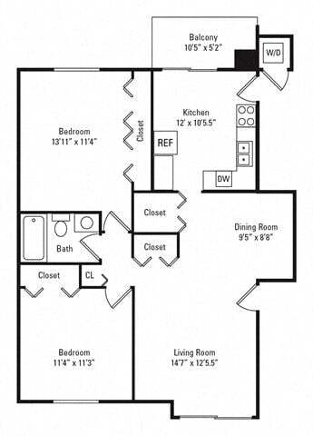 Floor Plan - 2 Bed 1 Bath B