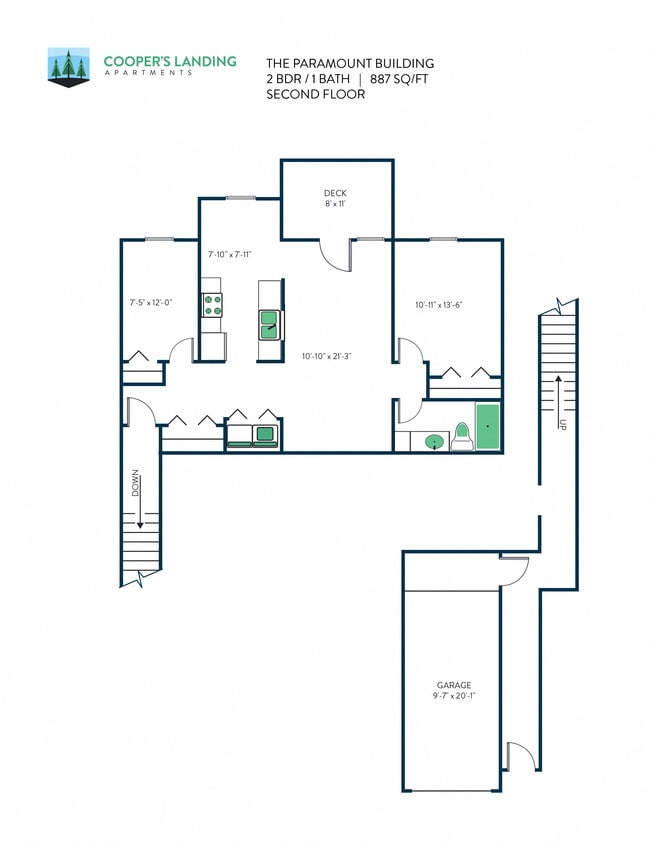 Floor Plan - 2 Bed, 1 Bath - 887 sq ft