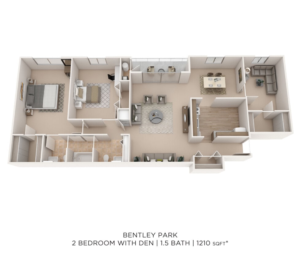 Floor Plan - Two Bedroom 1.5 Bath w/Den - 1,225 sqft