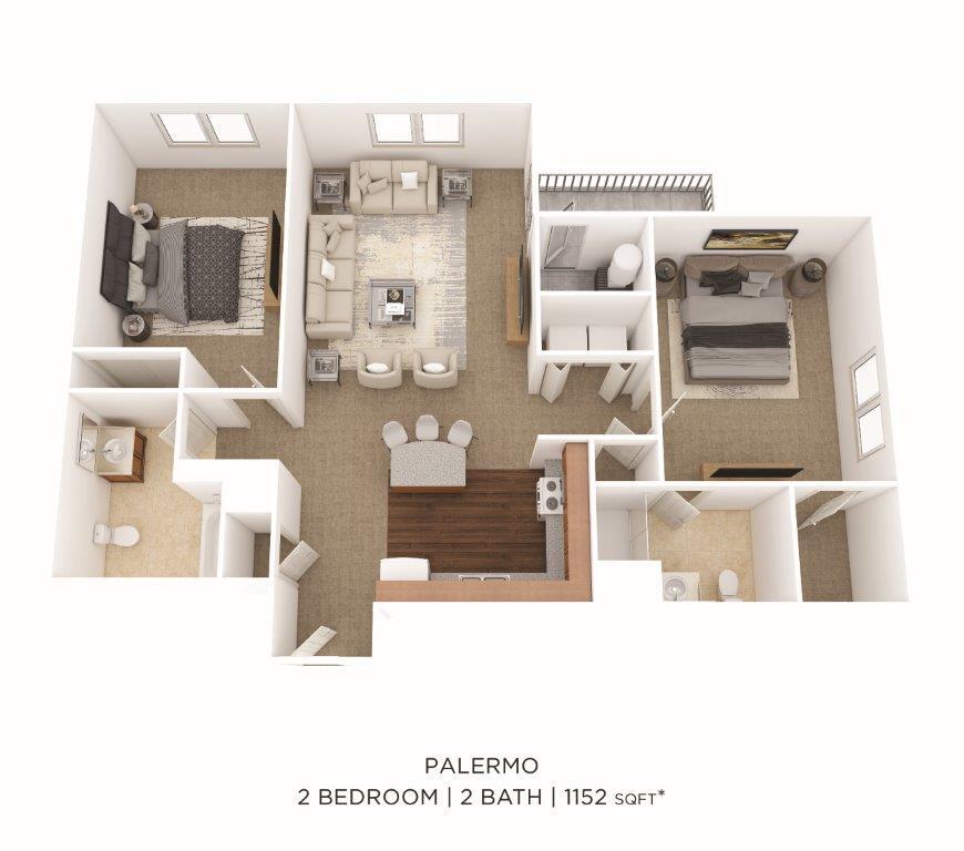 Floor Plan - Two Bedroom 2 Bath- 1152 sqft