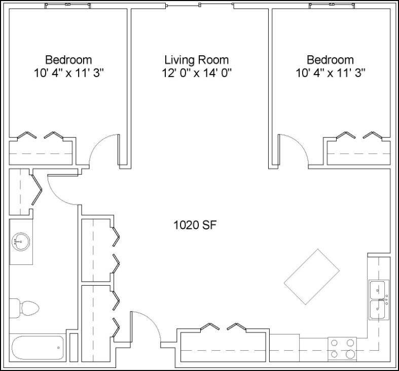 Floor Plan - CP2 - 2 Bed/1 Bath | 1,020 SF