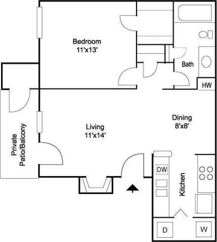Floor Plan - Bristol  1BR 1BA 639 sq ft