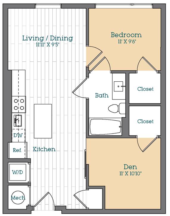 Floor Plan - 1 Bed - 1 Bath | AD1 DEN