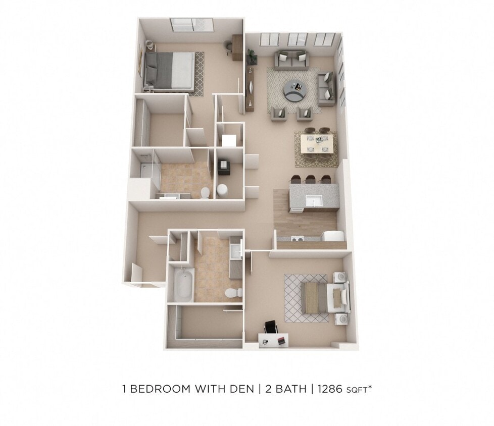 Floor Plan - One Bedroom 2 Bath w/ Den- 1286 sqft