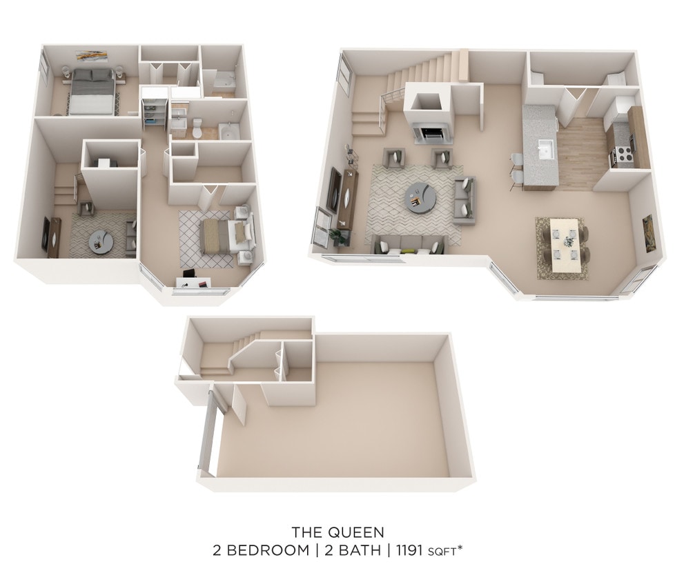 Floor Plan - Two Bedroom 2 Bath Townhome - 1,191 sqft