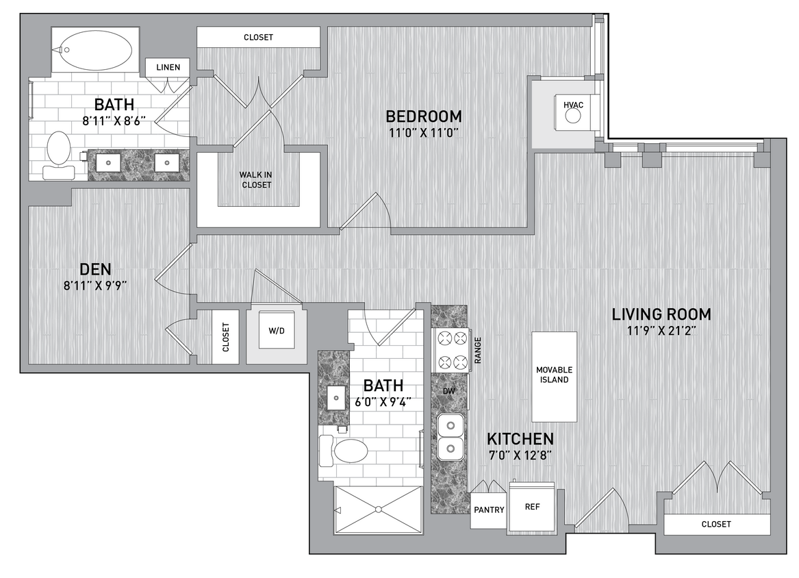 Floor Plan - 23 Stack - 1 Bed 2 Bath Den-A21