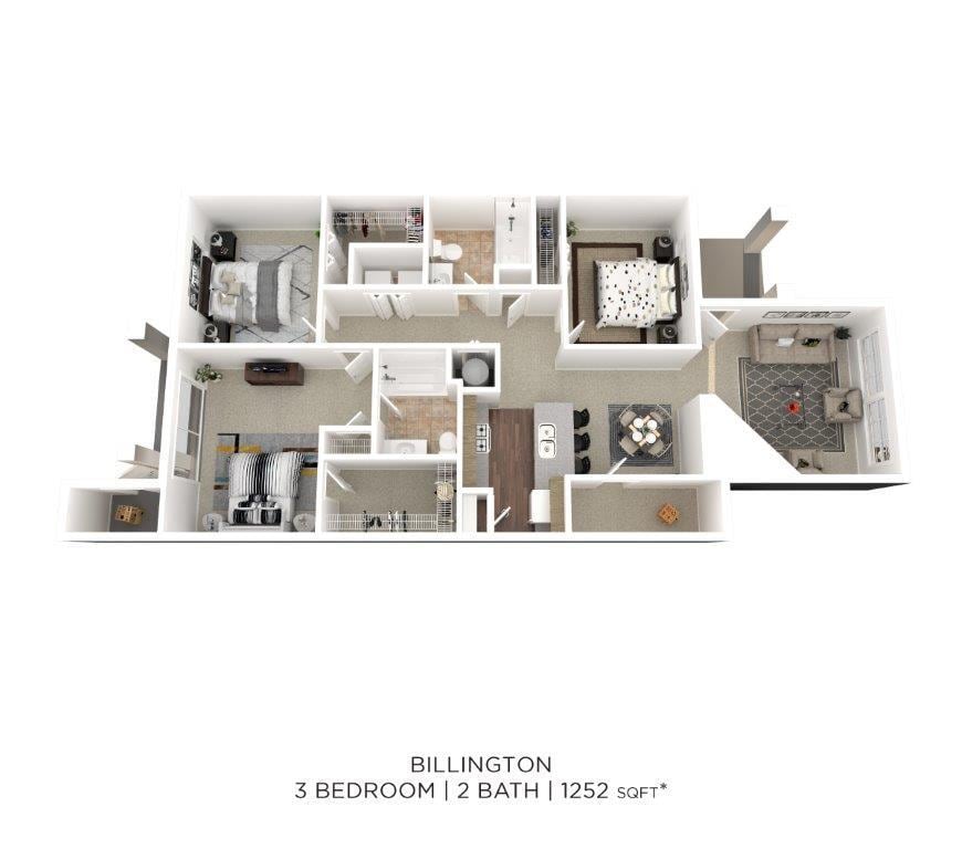 Floor Plan - Three Bedroom 2 Bath - 1,252 sqft
