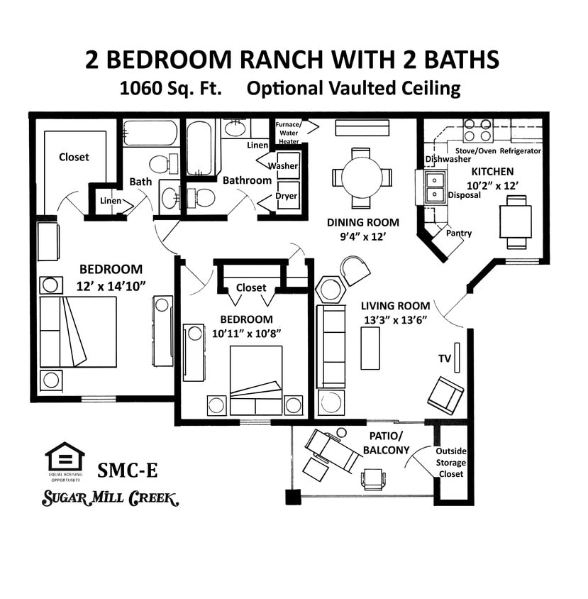 Floor Plan - E-2 Bedroom Ranch w/2 Baths