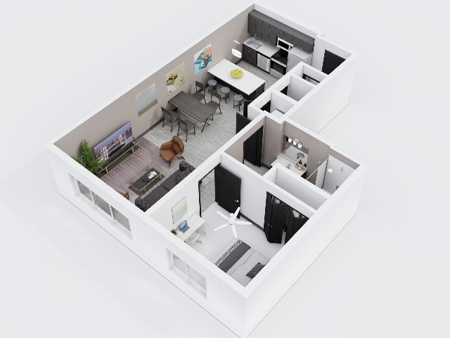 City Scape 1A2 is a spacious open concept one bedroom floor plan that features modern finishes and an in-unit washer and dryer. - City Scape 1A2