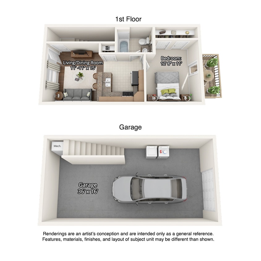 Floor Plan - 1 Bedroom Townhome with Drive Under Garage
