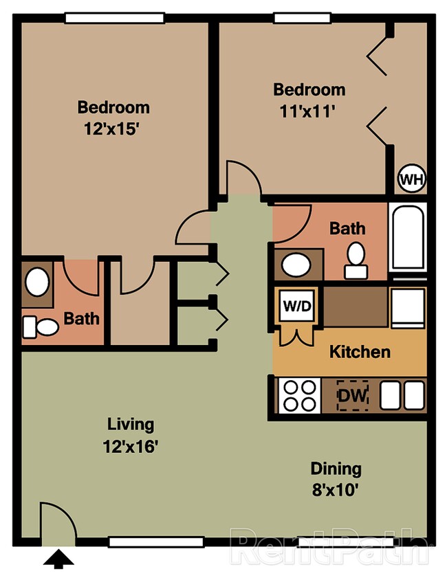 Inviting floor plan showcasing two spacious bedrooms, two modern bathrooms, an open living area, a functional kitchen with appliances, and a cozy dining space. - 2a15 - St. Croix