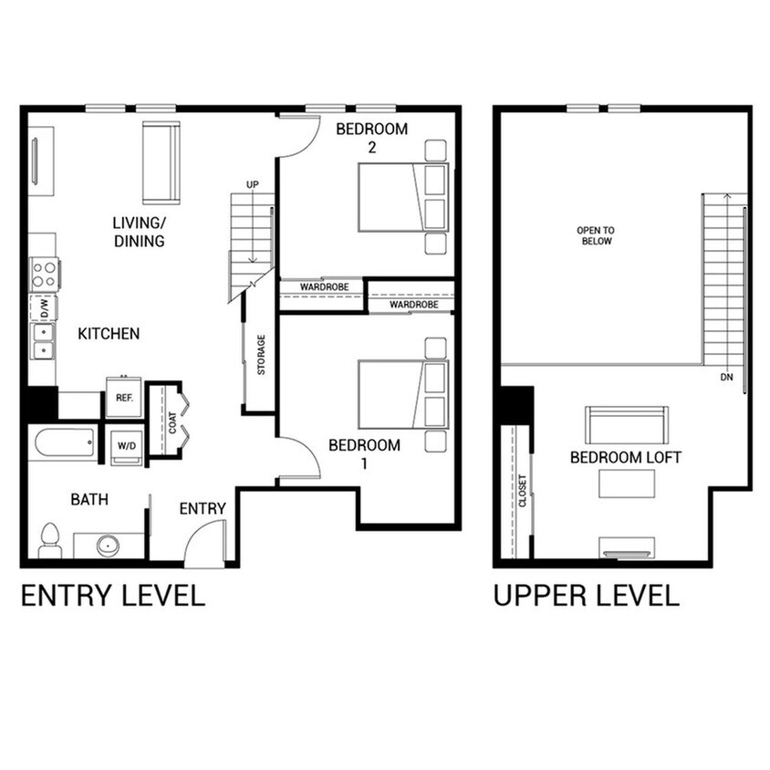 Modern two-story floor plan featuring 3 bedrooms, including a spacious loft, open-concept living and dining area, sleek kitchen, and a cozy bathroom. - C1