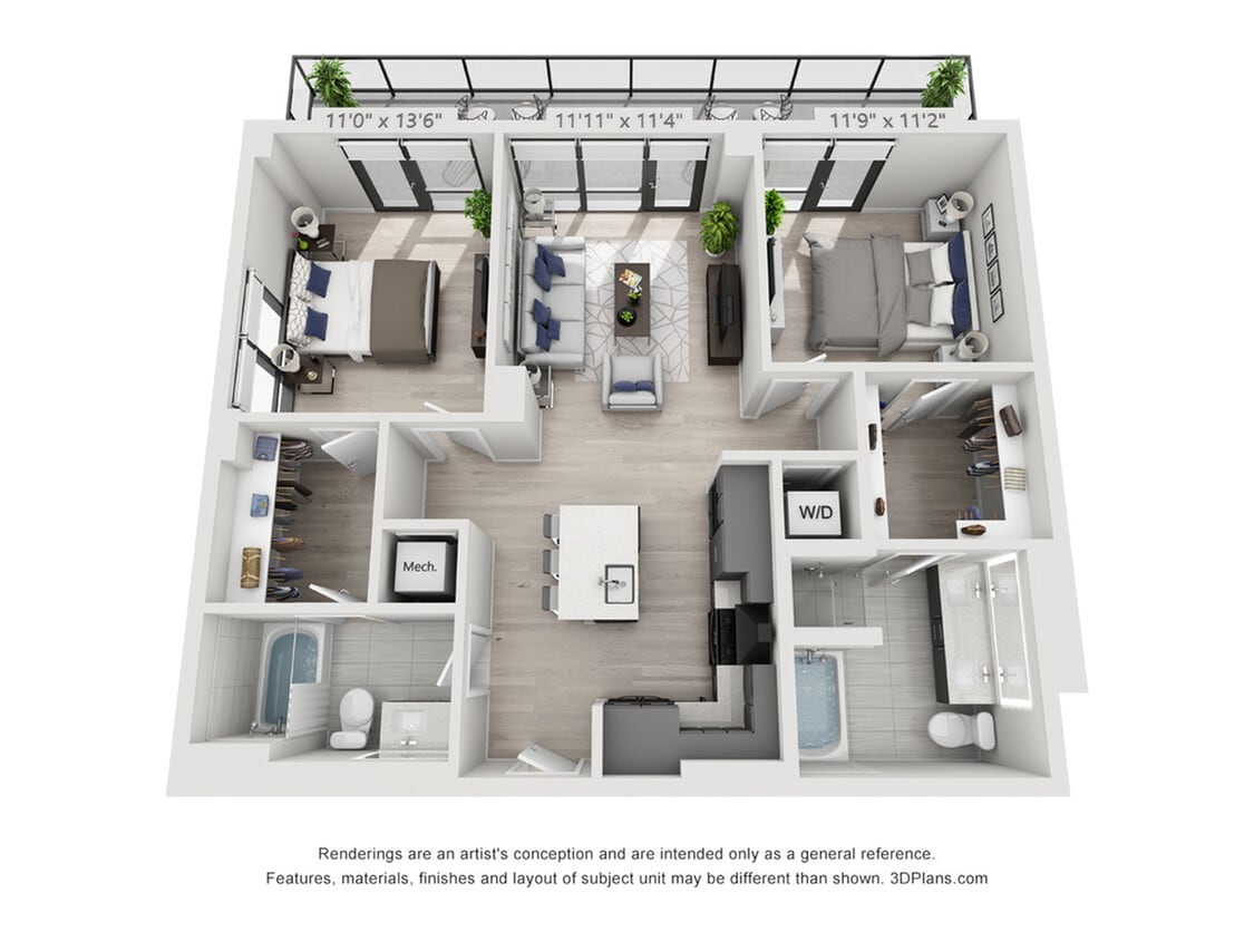 Two Bedroom Two Bath Penthouse (1,056 SF) - Two Bedroom Two Bath Penthouse (1,056 SF)