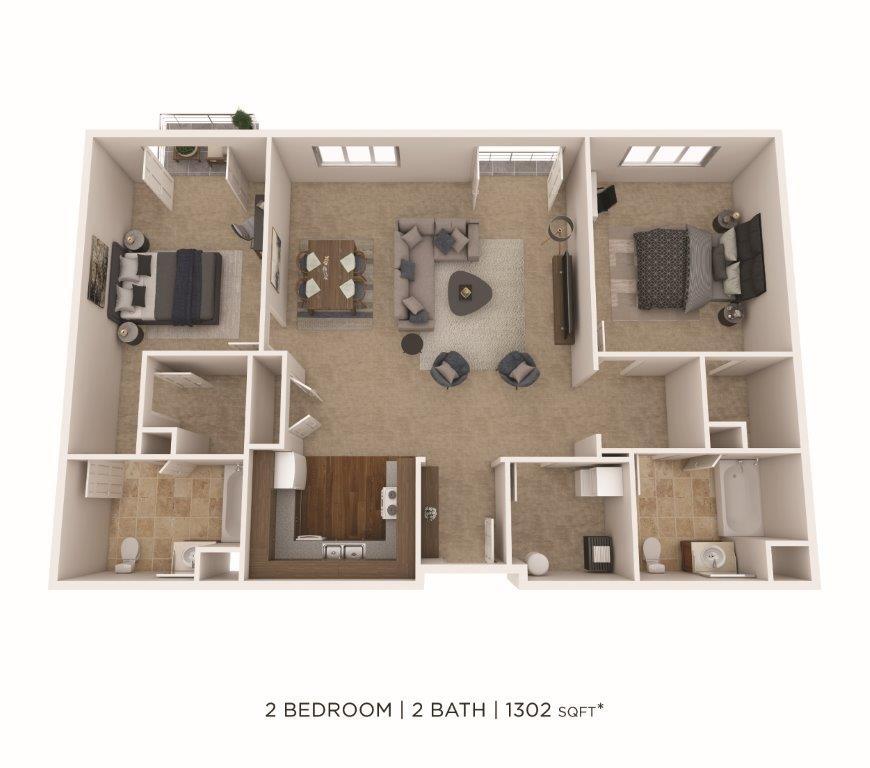 Floor Plan - Two Bedroom 2 Bath- 1302 sqft