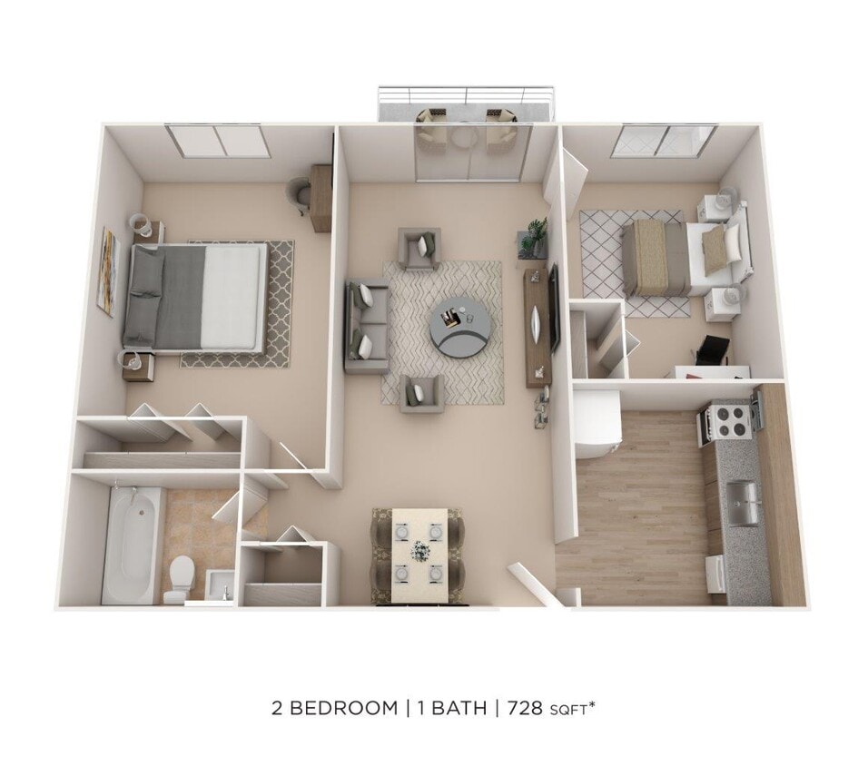 Floor Plan - Two Bedroom - 728 sqft