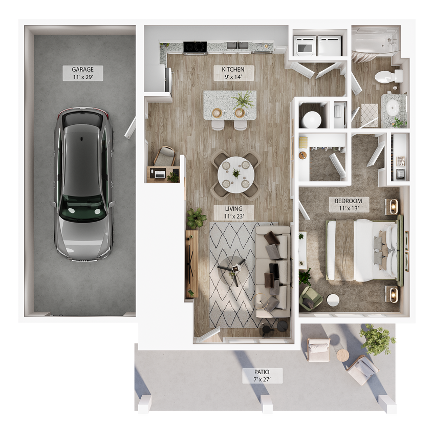 Floor Plan - 1 BR Designer Courtyard Garage