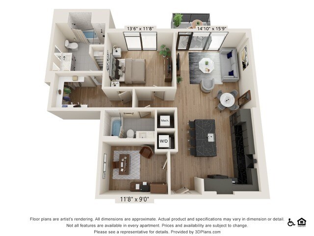 1 x 2 | 1161 sq ft - One Bedroom Two Bath With Den Penthouse (1161 SF)