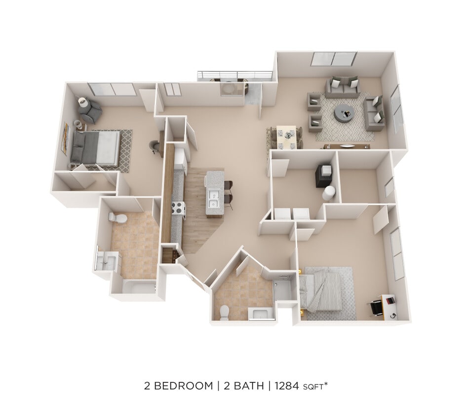 Floor Plan - Two Bedroom 2 Bath- 1284 sqft